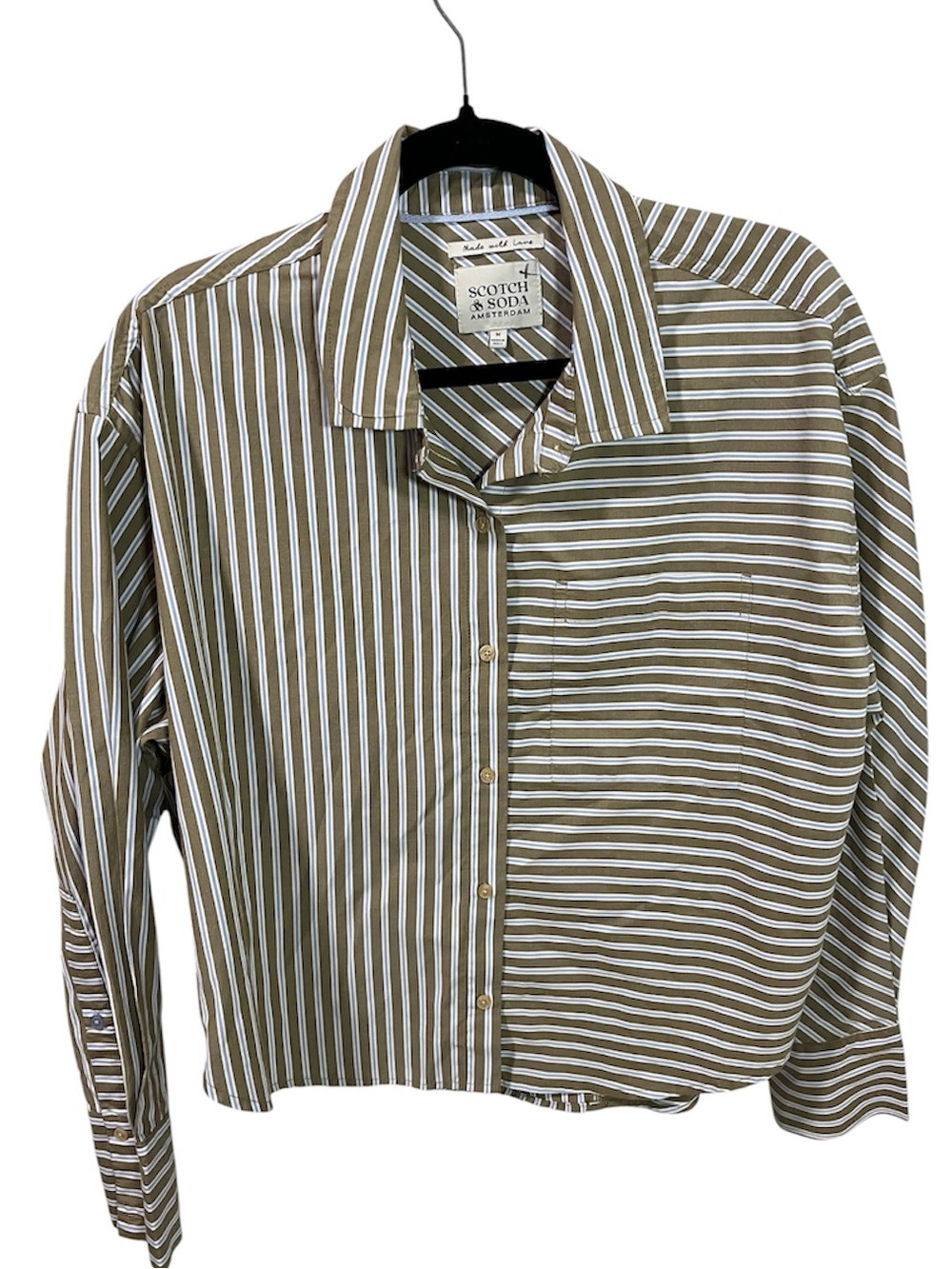 Scotch & Soda Mixed Stripe Oversized Button Down Shirt Olive Blue Medium